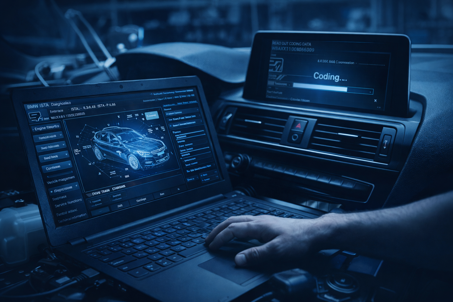 Detail na volant a digitální přístrojový štít vozu BMW